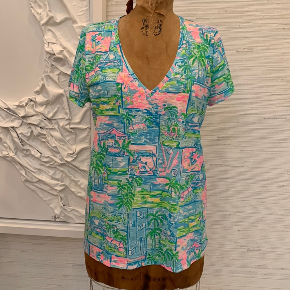 Lilly Pulitzer V-neck Short Sleeve Colorful Blue Pink Green Golf T-Shirt sz XL